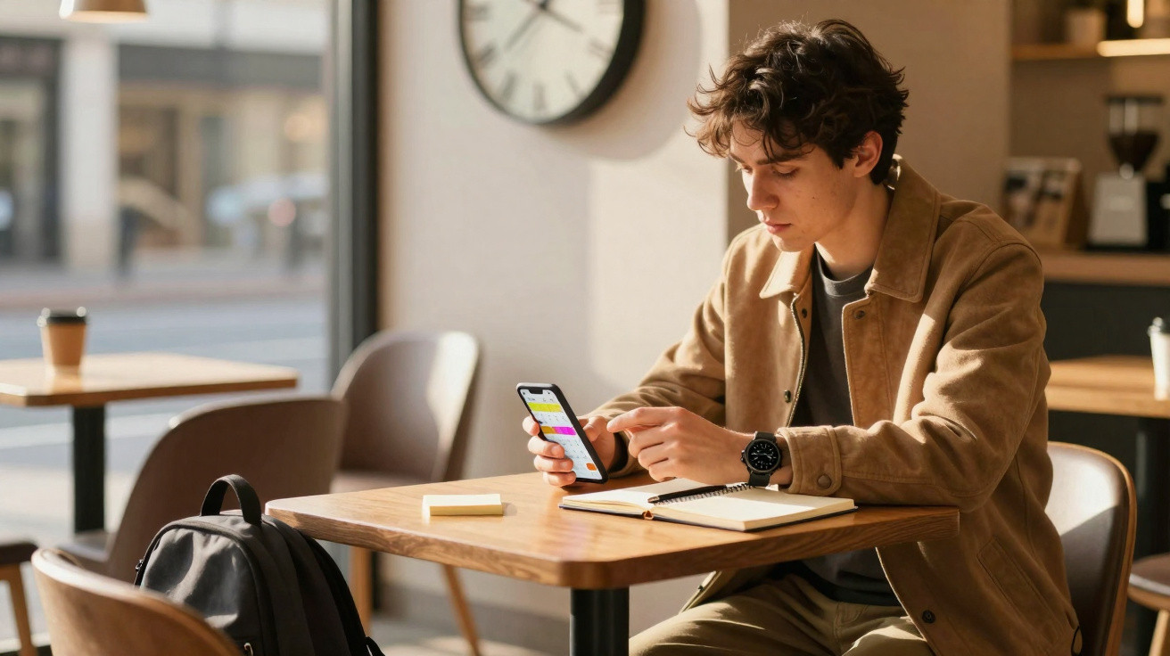 Jovem sentado numa mesa de café, a usar smartphone e com caderno aberto à sua frente.