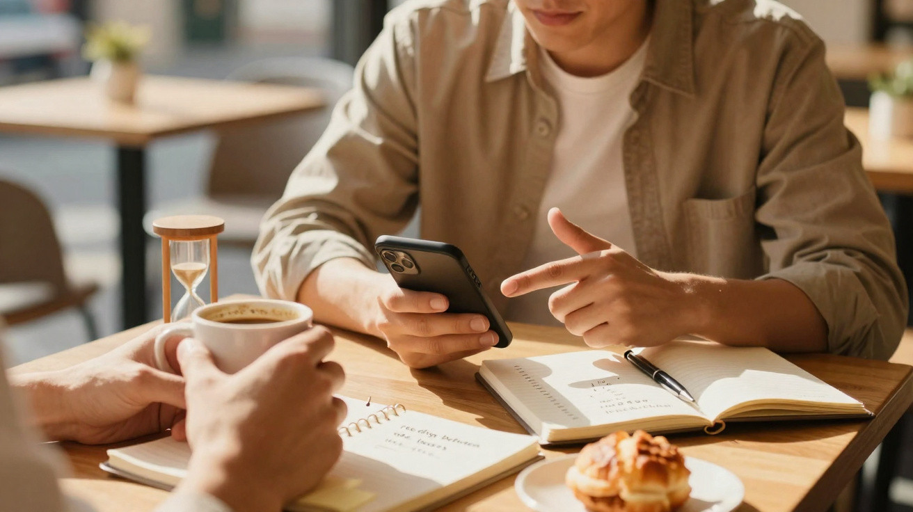Duas pessoas a trabalhar com smartphone, caderno, café e pastel numa mesa de madeira iluminada pelo sol.
