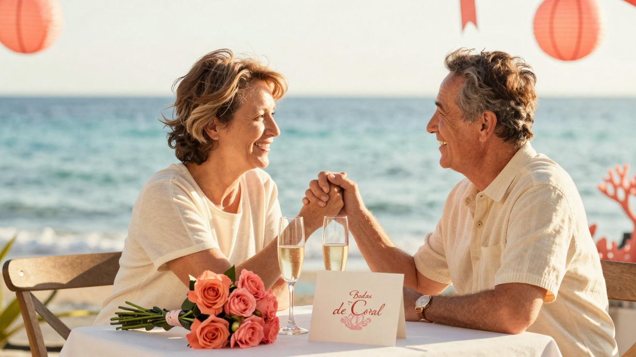 Casal sénior de mãos dadas e a sorrir em jantar romântico à beira-mar com bouquet de rosas rosa na mesa.
