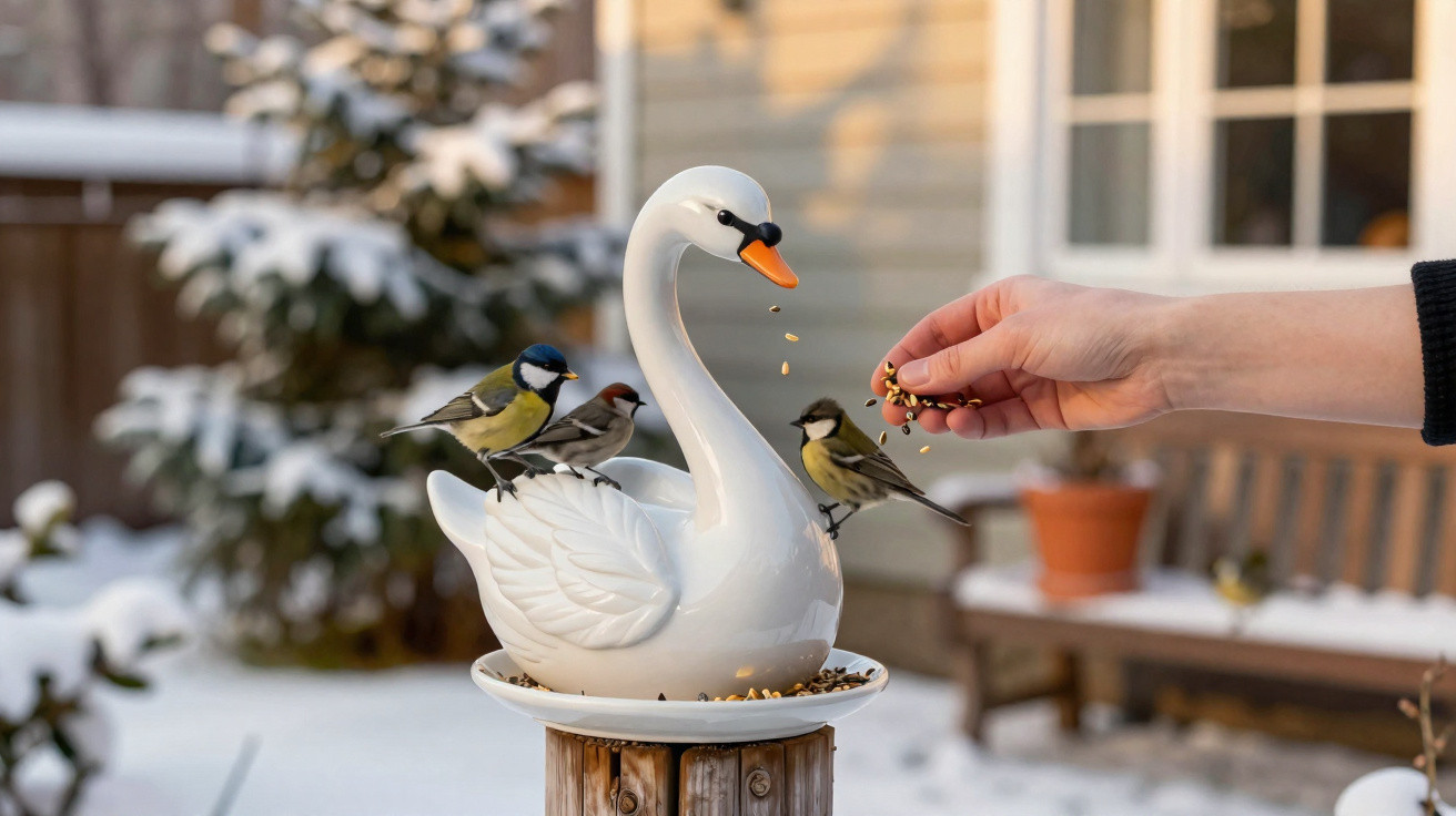 Pássaros a alimentar-se num comedouro em forma de cisne com neve ao fundo e mão a alimentar.