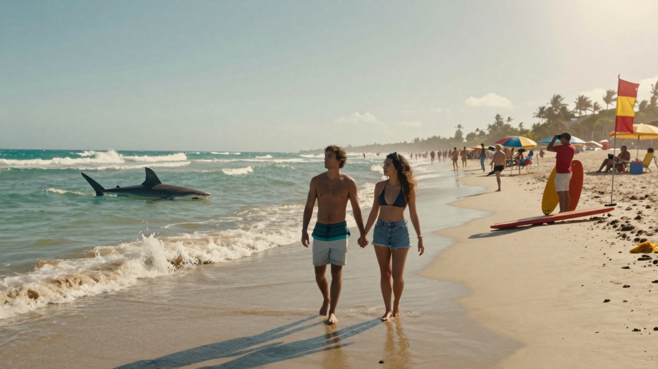 Casal jovem a passear na praia enquanto um tubarão nada perto da costa, com várias pessoas ao fundo.