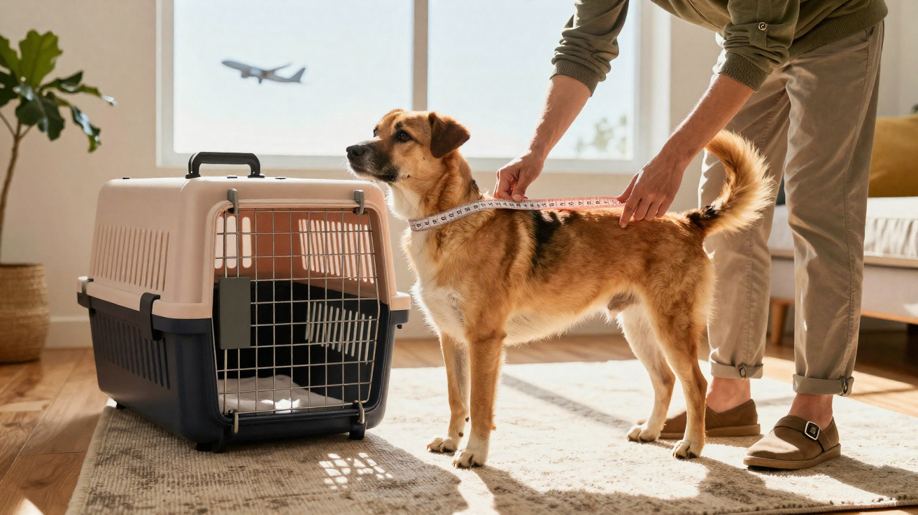 Pessoa a medir cão com fita métrica em sala junto a caixa de transporte, avião passa na janela ao fundo.