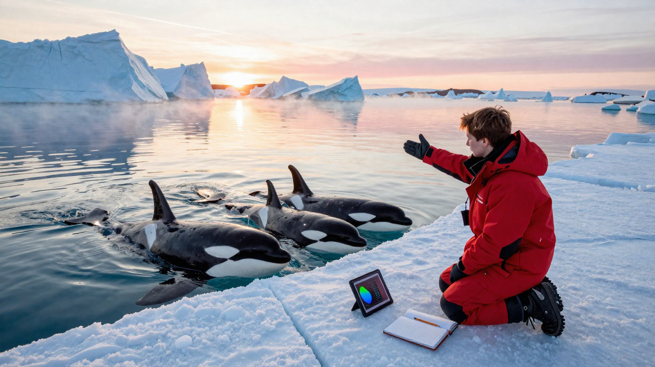 Pessoa de casaco vermelho interage com orcas junto a icebergues num mar calmo ao pôr do sol.