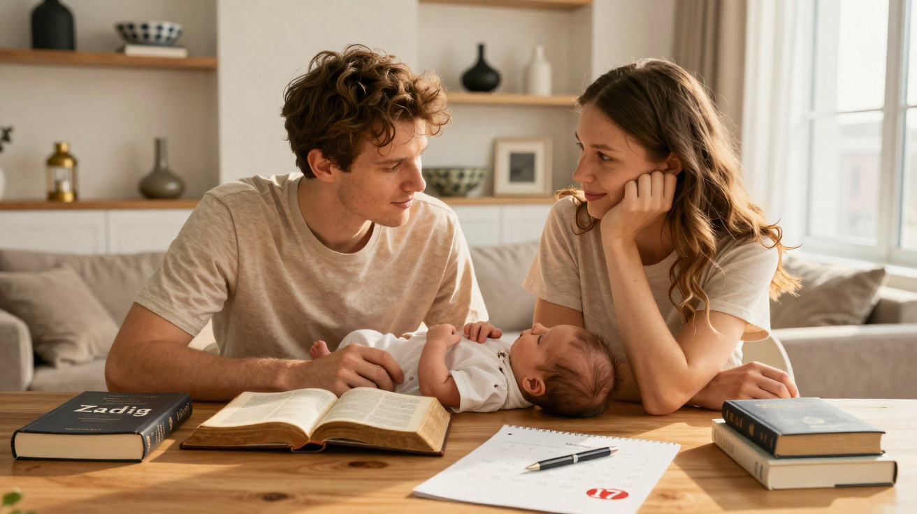Casal sentado à mesa com bebé e livros, num ambiente acolhedor e luminoso.