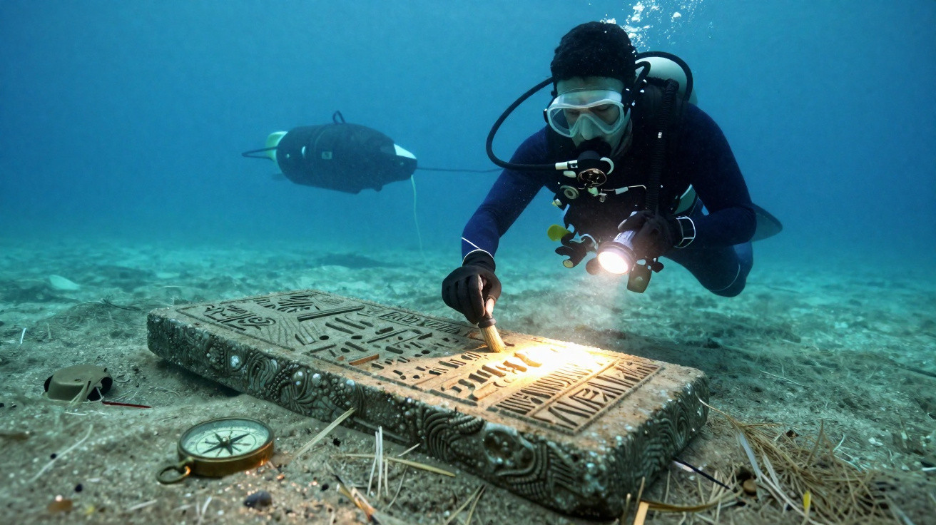 Mergulhador explora e ilumina uma pedra submersa com inscrições antigas no fundo do mar.
