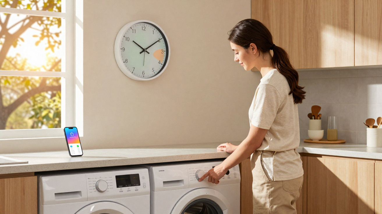 Mulher a programar máquina de lavar roupa na cozinha luminosa, com relógio e smartphone na bancada.