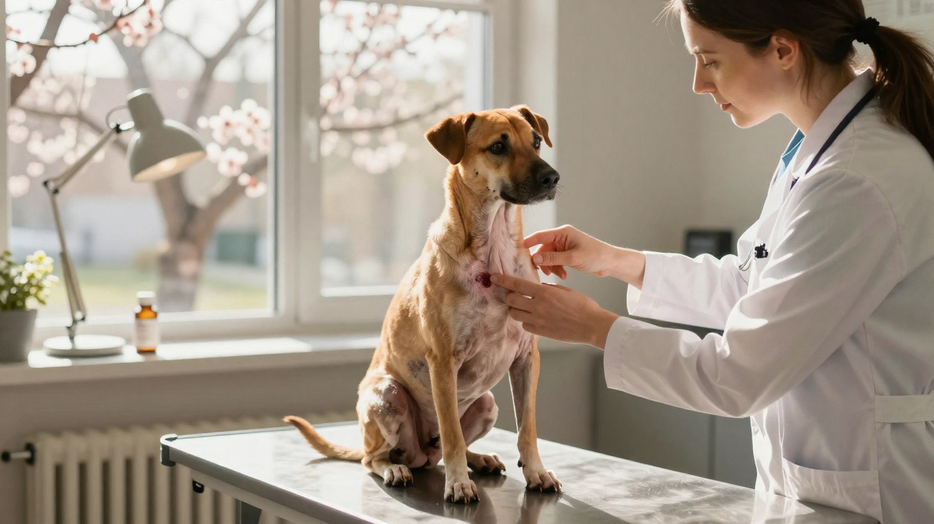 Veterinária a examinar ferida no peito de cão castanho numa clínica com janela e luz natural.
