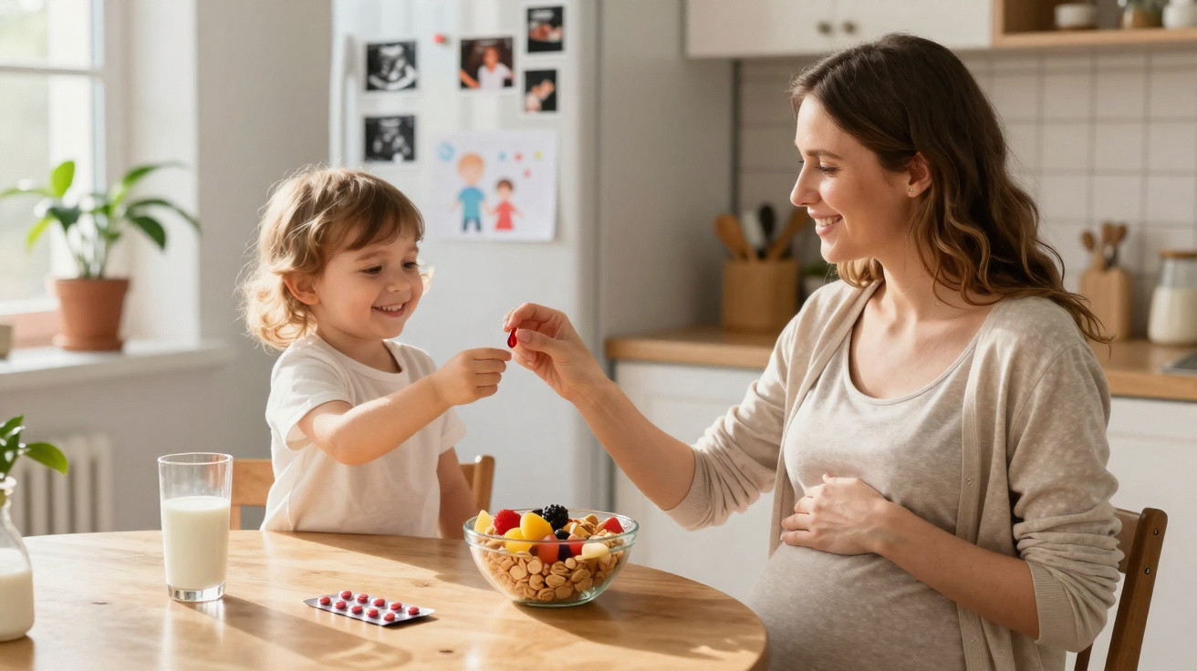 Mulher grávida e criança sorrindo enquanto partilham fruta numa cozinha iluminada.