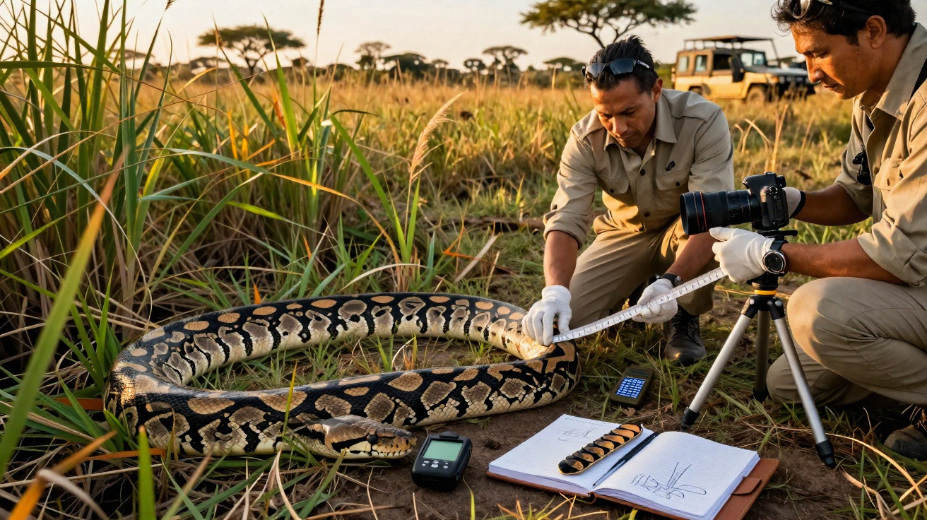 Dois cientistas em campo a medir e fotografar uma grande píton, com equipamentos e notas numa paisagem de savana.