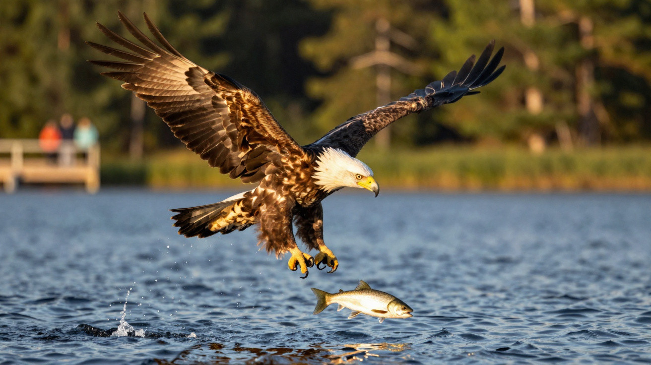 Águia careca em voo sobre a água com um peixe capturado nas garras, num cenário natural com árvores ao fundo.
