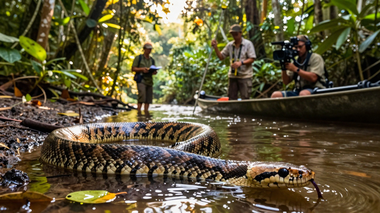 Cobra grande na água ribeirinha com três pessoas a observá-la numa cidade de selva densa.