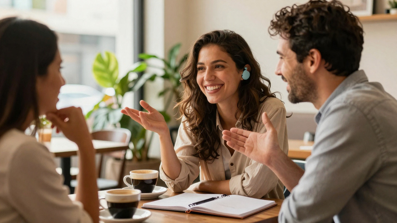Três pessoas conversam animadamente numa mesa de café com cadernos e duas chávenas de café.