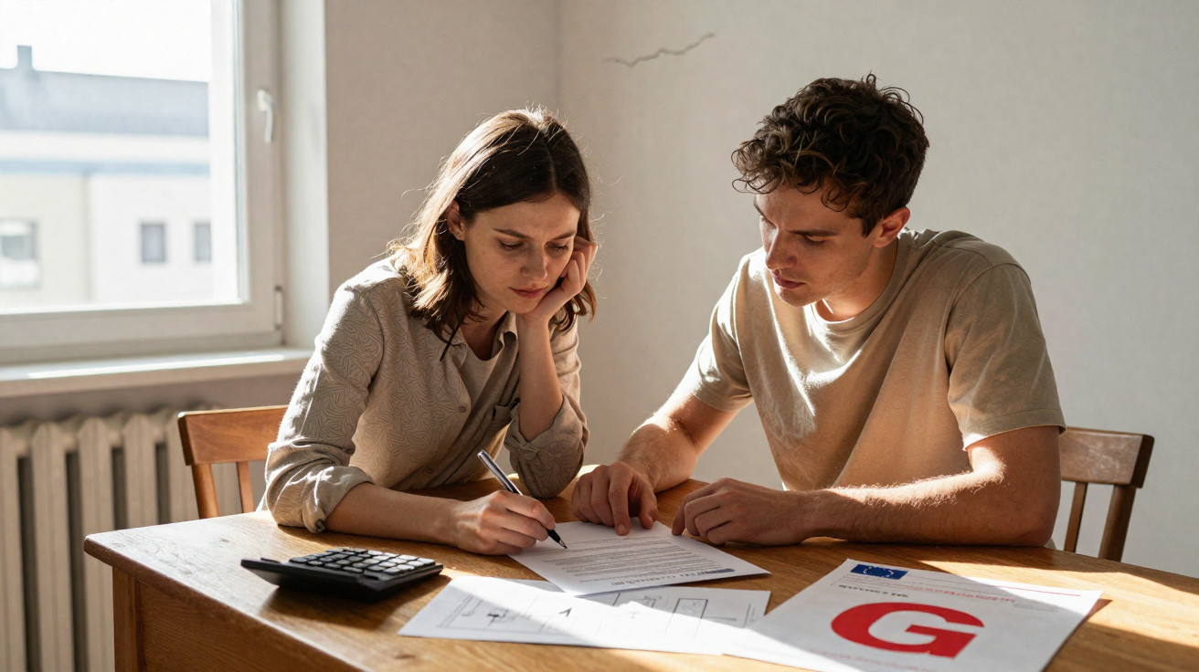Casal jovem sentado à mesa a analisar documentos e a fazer contas com calculadora junto a janela iluminada.