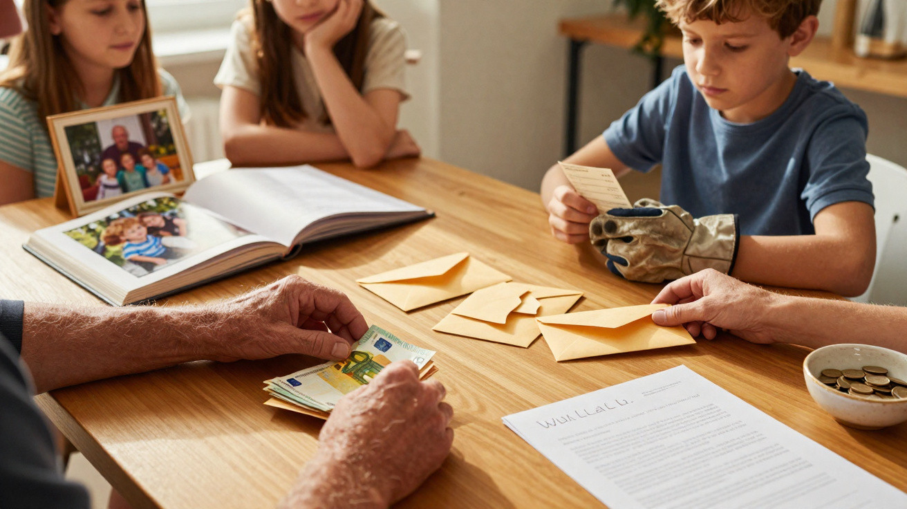Mesa de madeira com família a organizar envelopes e dinheiro, com fotos de família e documento.