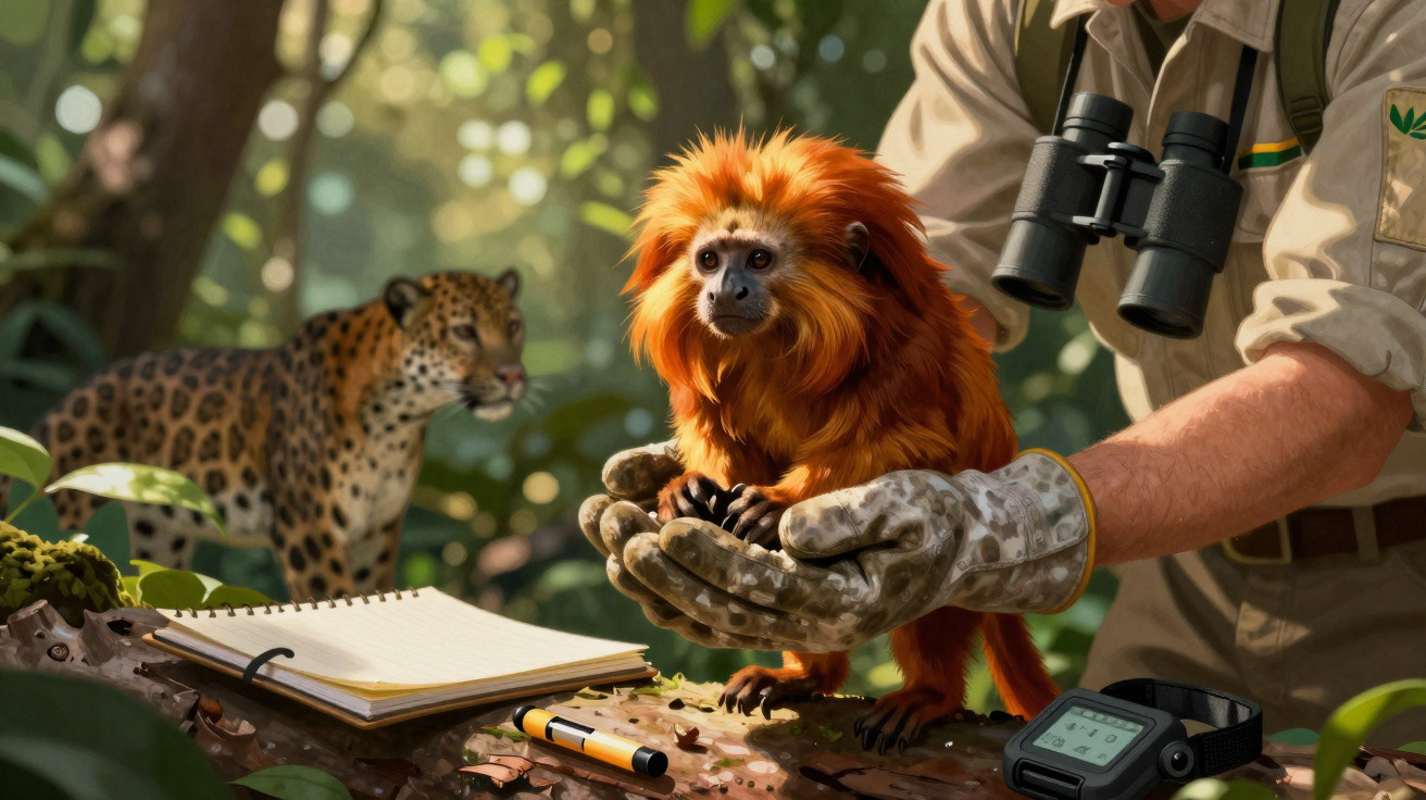 Macaquinho dourado a ser segurado por biólogo numa floresta, com jaguar ao fundo e equipamento de campo.