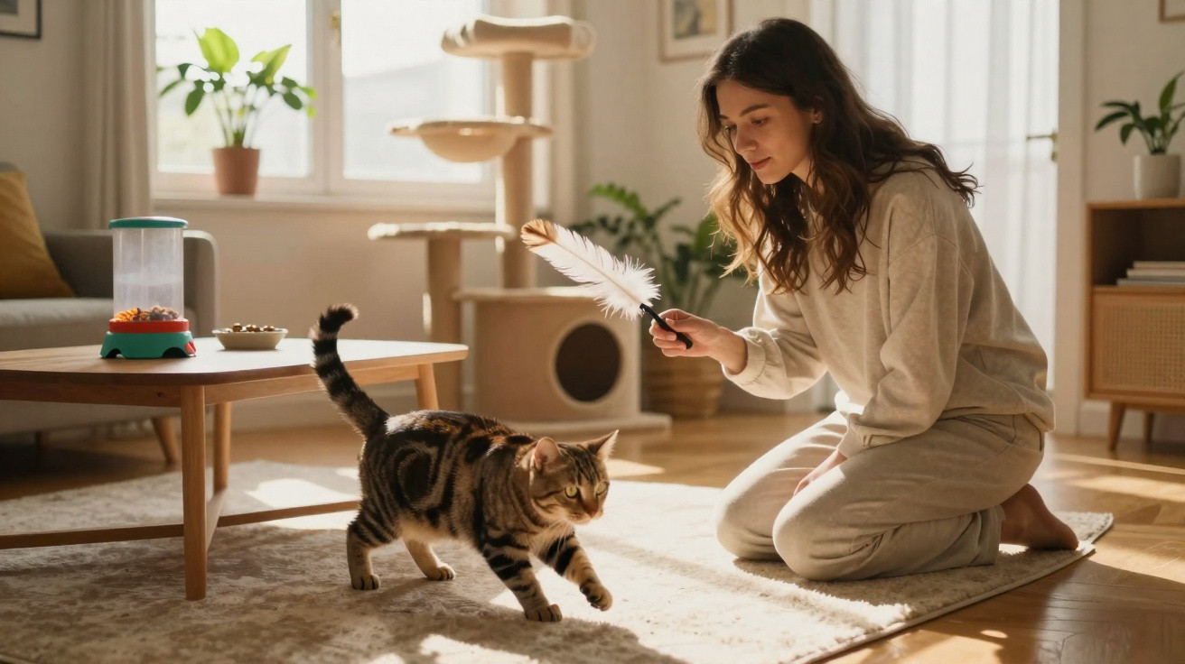 Mulher brinca com gato com pena em sala de estar iluminada e acolhedora durante o dia.
