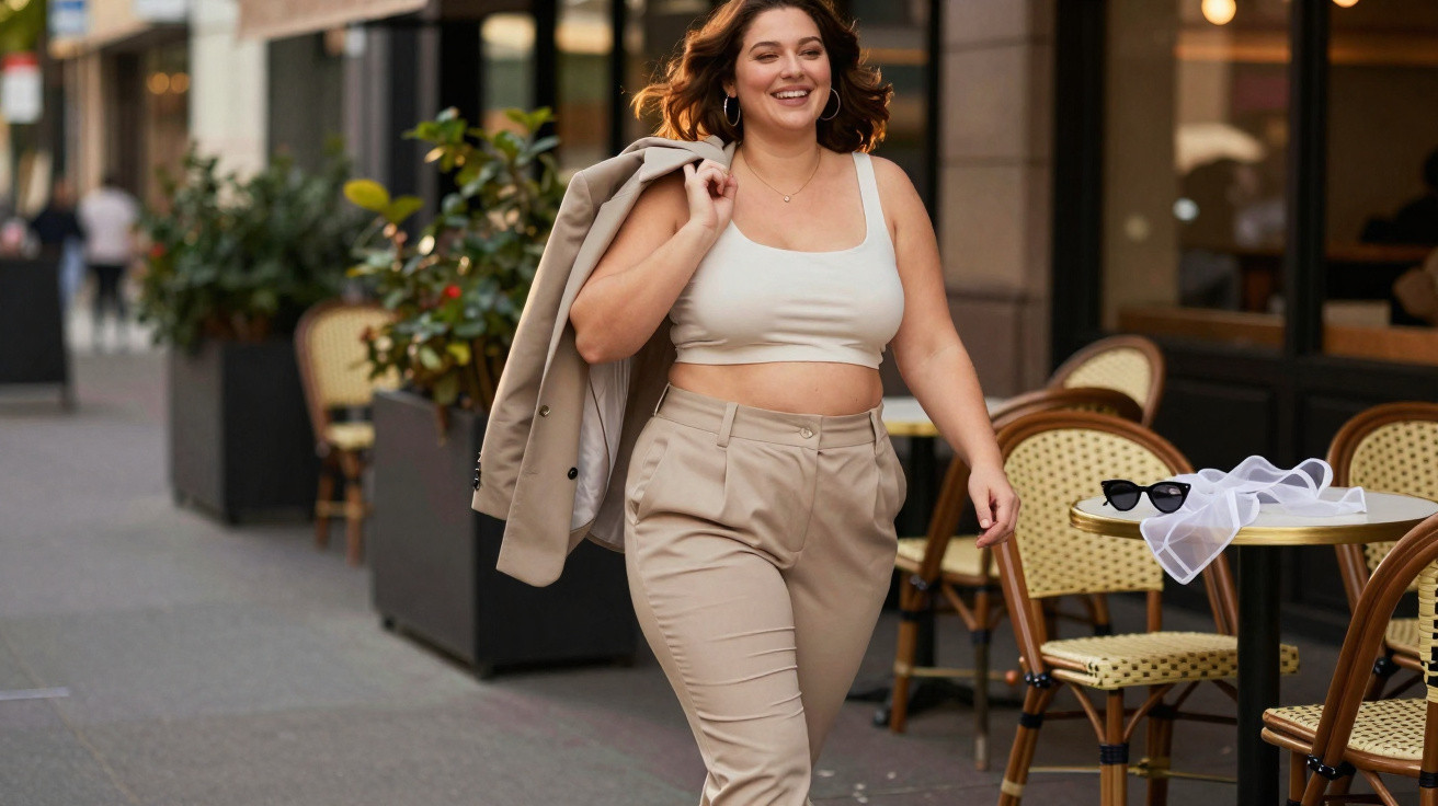 Mulher sorridente a caminhar na rua, com top branco, calças e casaco bege, ao lado de esplanada com cadeiras e mesa.