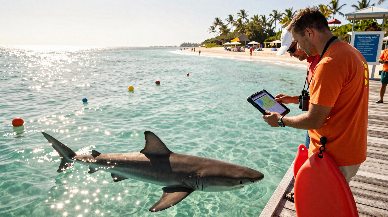 Dois homens observam um tubarão a nadar perto de um cais numa praia tropical ensolarada.