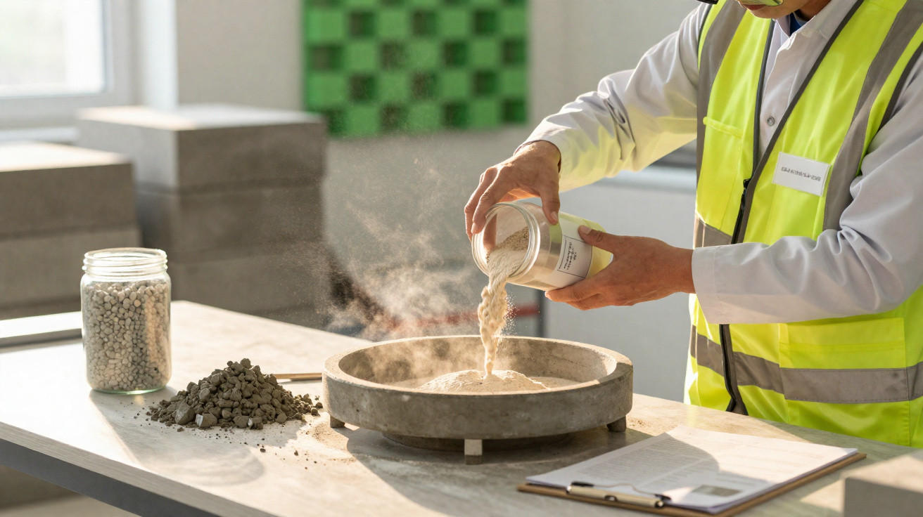 Pessoa a verter pó branco em recipiente de laboratório com amostras de materiais na mesa.