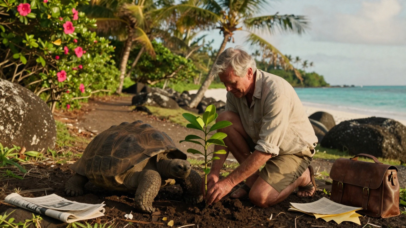 Homem idoso planta uma árvore ao lado de uma tartaruga gigante numa praia tropical.