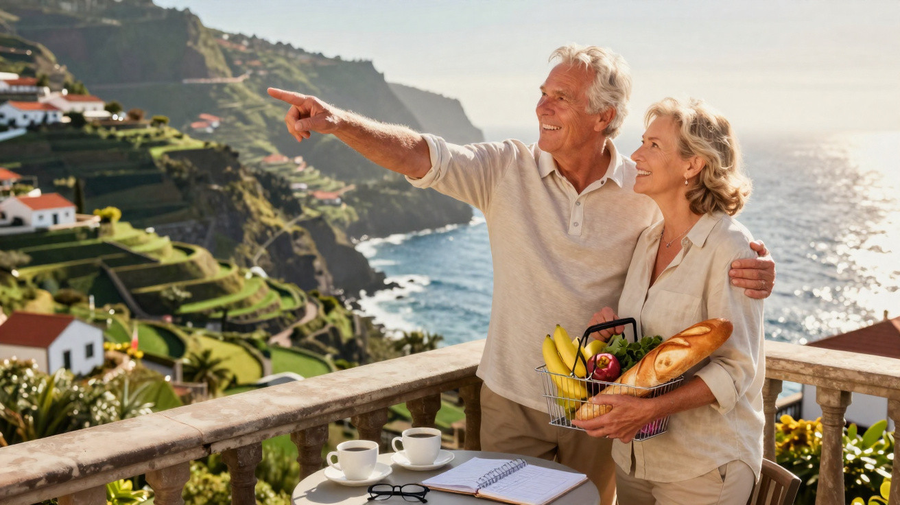 Casal sénior feliz a desfrutar da paisagem costeira com cesto de compras e mesa com café e caderno.
