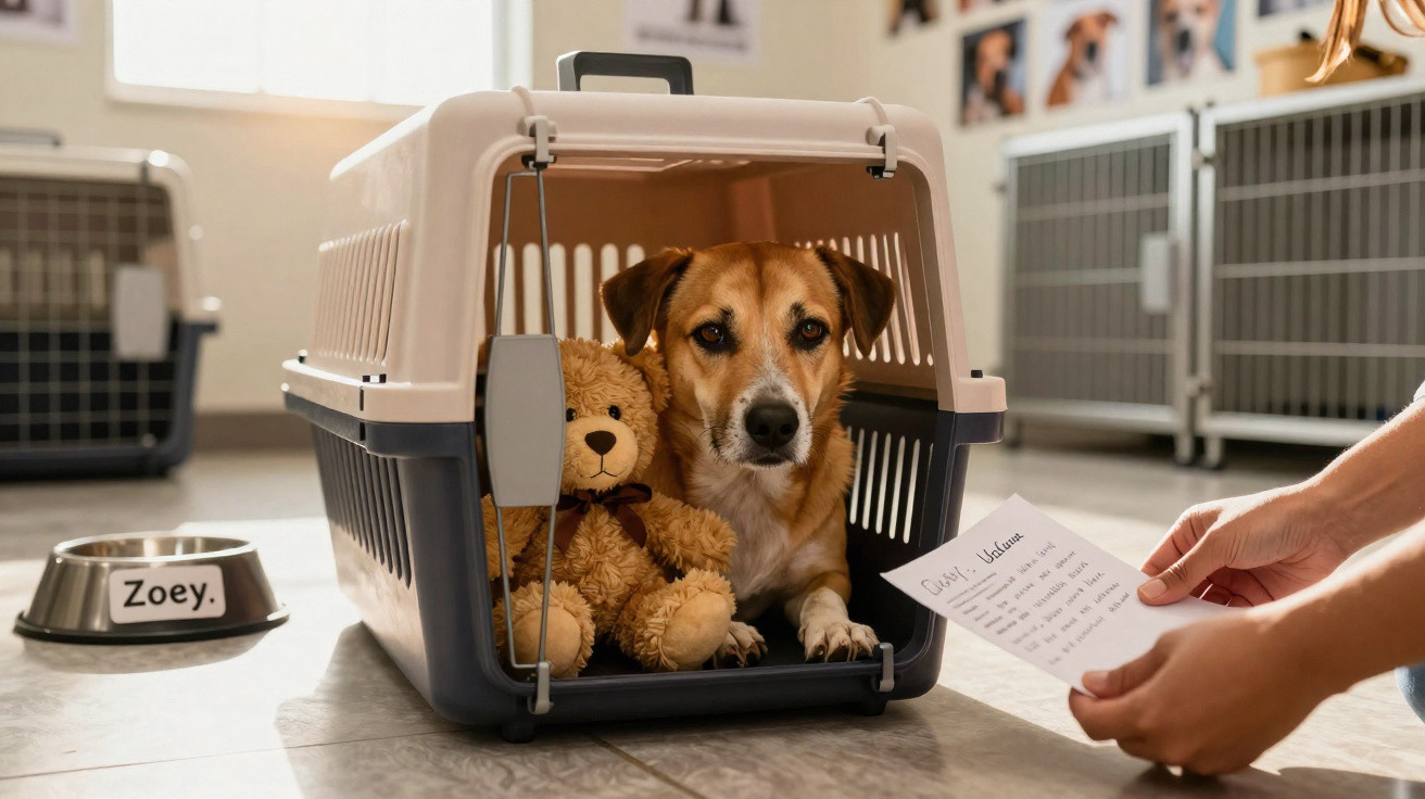 Cão dentro de transportadora com um urso de peluche, perto de uma tigela com nome Zoey e mãos com carta.