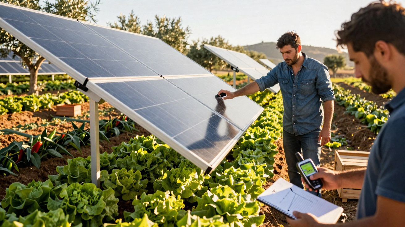 Dois homens inspecionam painéis solares instalados numa horta com vegetais verdes.