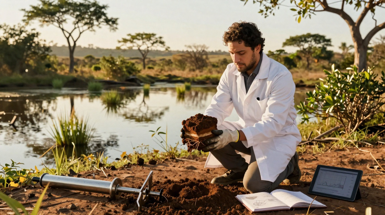 Cientista com bata branca analisa amostra de solo junto a lagoa, com equipamento e caderno no chão.