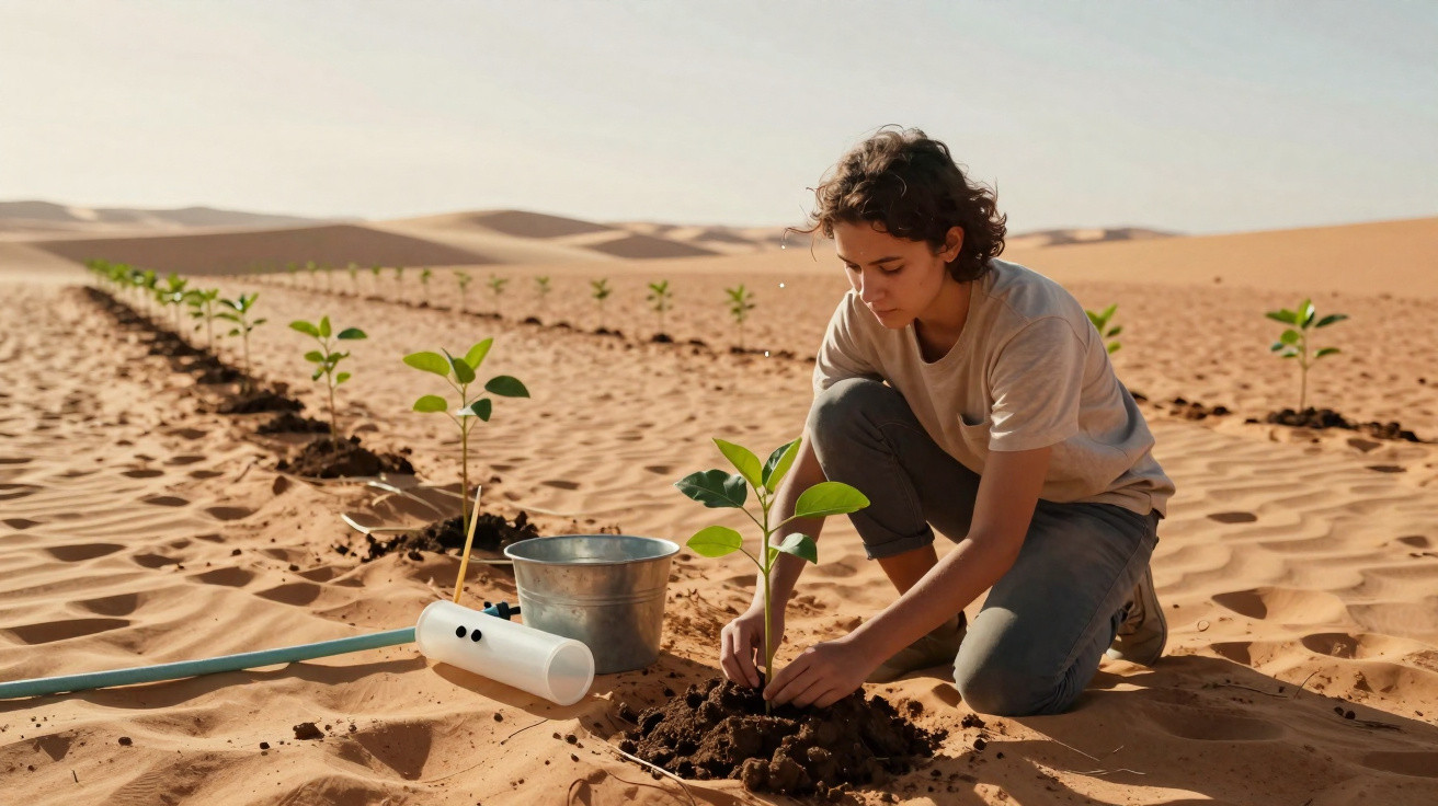 Pessoa a plantar muda numa área desértica com várias plantas jovens em fileiras.