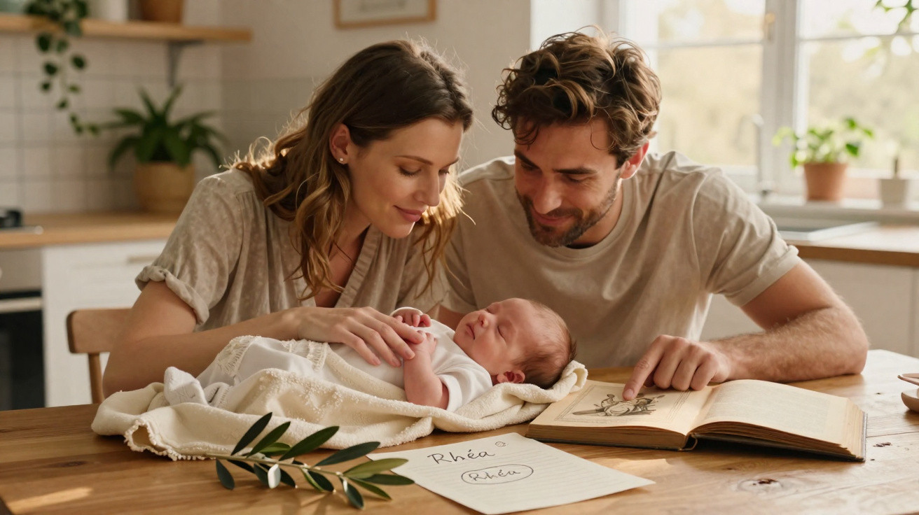 Casal sorridente observa bebé recém-nascido enrolado em manta à mesa com livro aberto e papel com nomes escritos.
