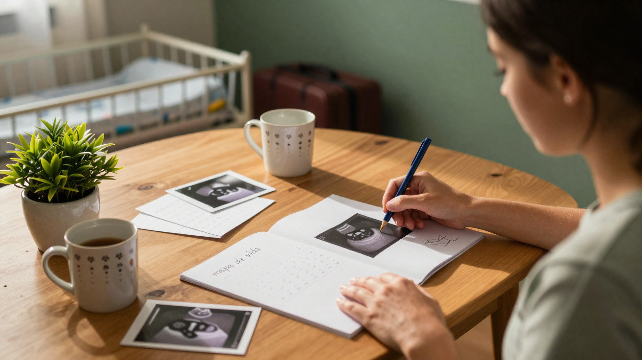 Mulher escreve em caderno com fotos de ecografia, mesa com plantas e duas chávenas, berço ao fundo.
