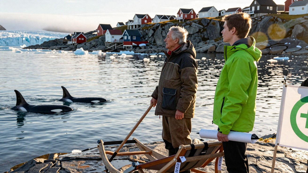 Dois homens observam orcas no mar perto de casas coloridas e um glaciar, em ambiente costeiro gelado.