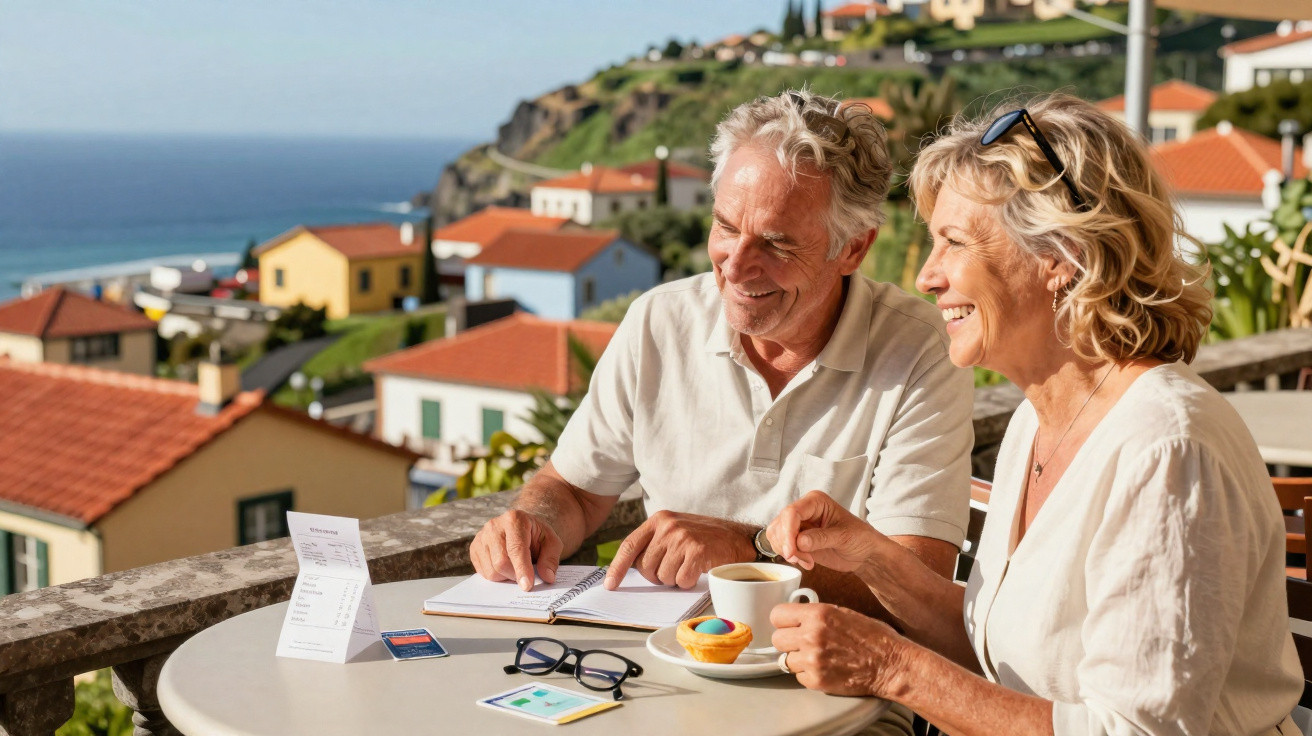 Casal sénior feliz sentado numa esplanada com vista para casas e o mar ao fundo, com café e documentos na mesa.