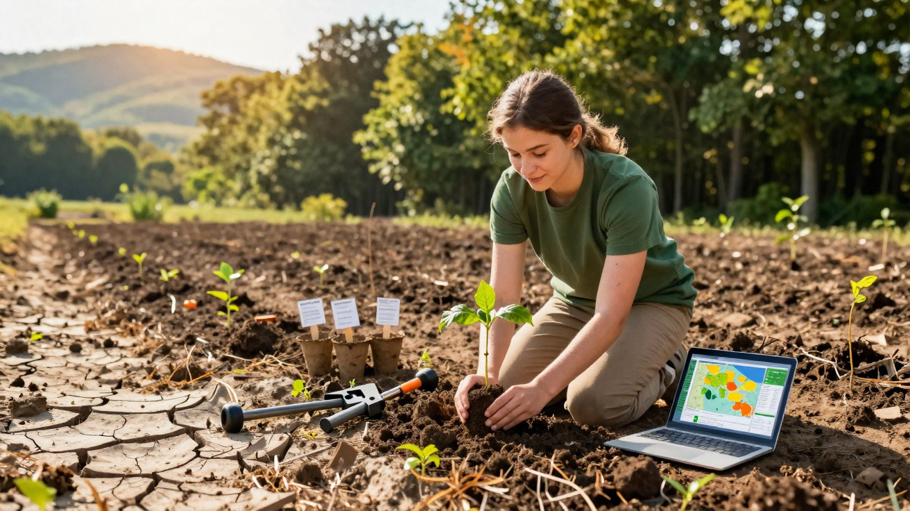 Jovem a plantar uma muda numa horta, com ferramentas e um computador portátil com mapa agrícola ao lado.