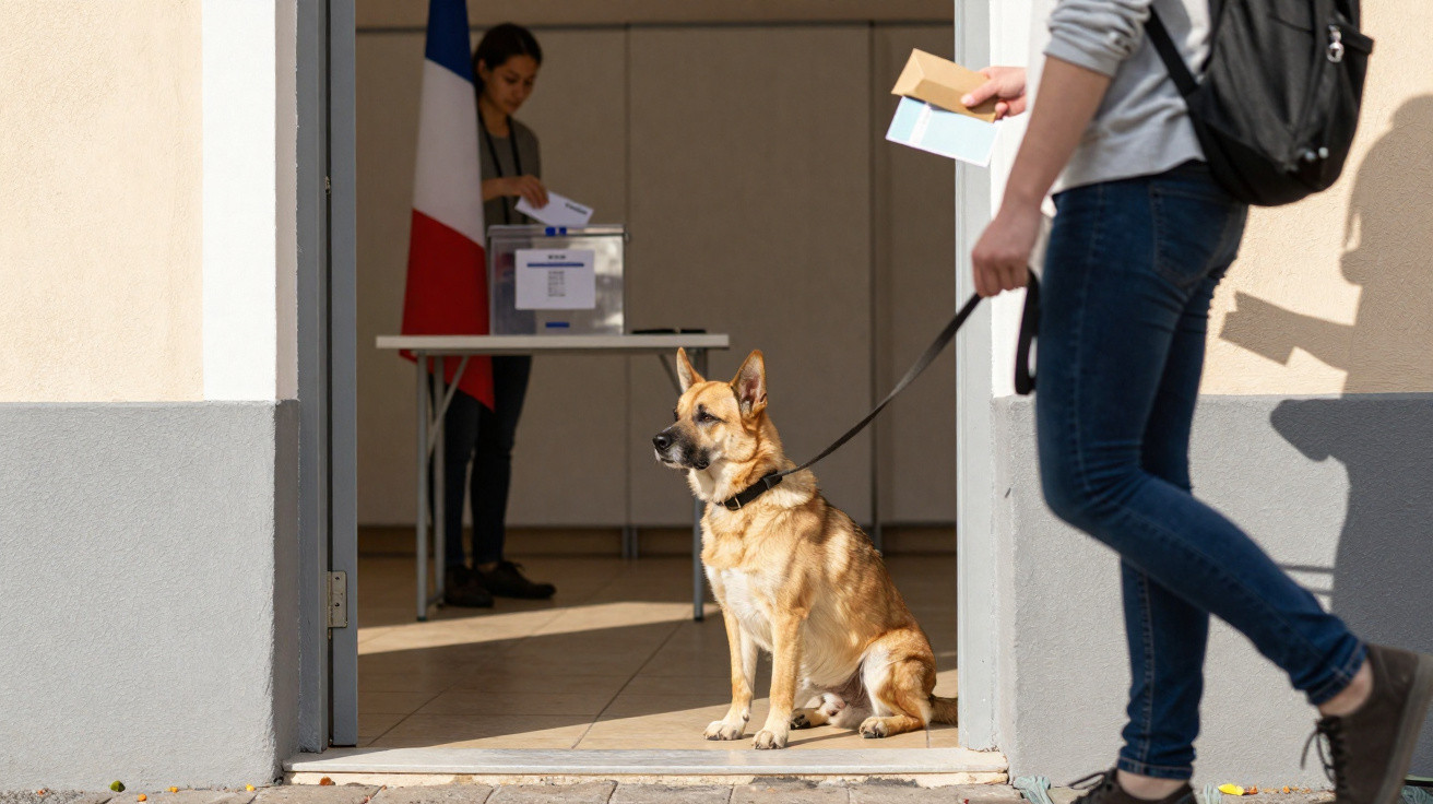 Cão sentado à entrada de mesa de voto, pessoa com documentos em mão, bandeira francesa ao fundo.