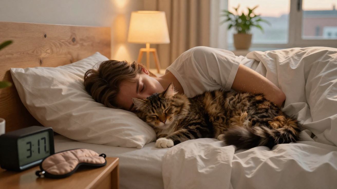 Pessoa a dormir na cama com gato ao seu lado num quarto iluminado por candeeiro e luz natural.