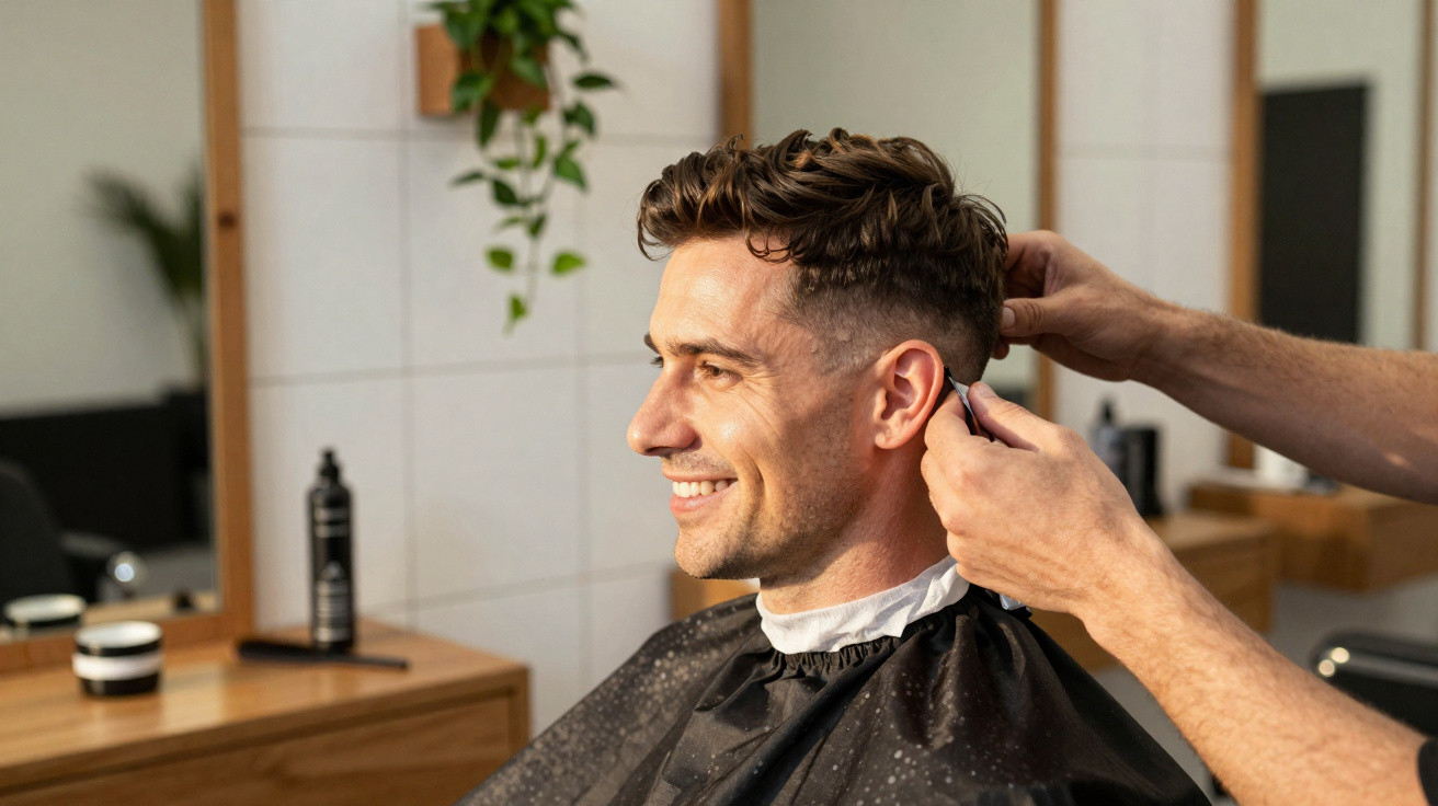 Homem sorridente a cortar o cabelo num cabeleireiro com máquina de cortar cabelo.