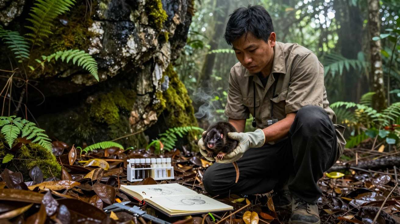 Cientista segura um rato-tasmânia na floresta, com equipamentos de estudo e caderno abertos no chão coberto de folhas.