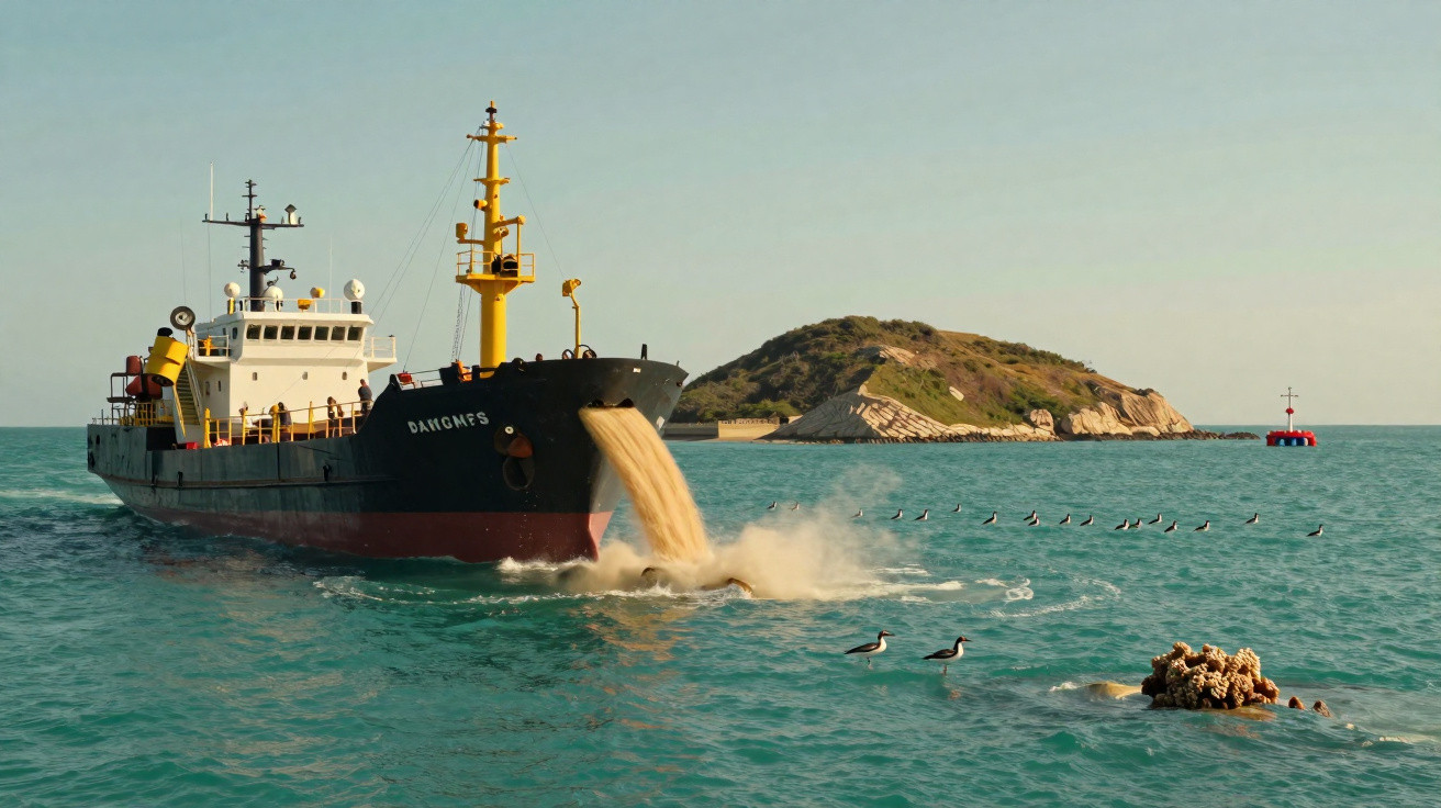 Navio despeja sedimentos no mar perto de uma ilha, com aves a sobrevoar a água azul.