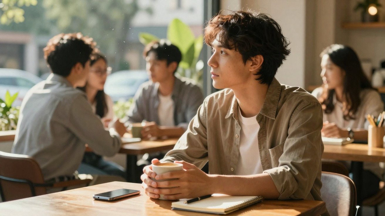 Jovem sentado numa mesa com chá, olhando pela janela, enquanto outras pessoas conversam ao fundo num café.