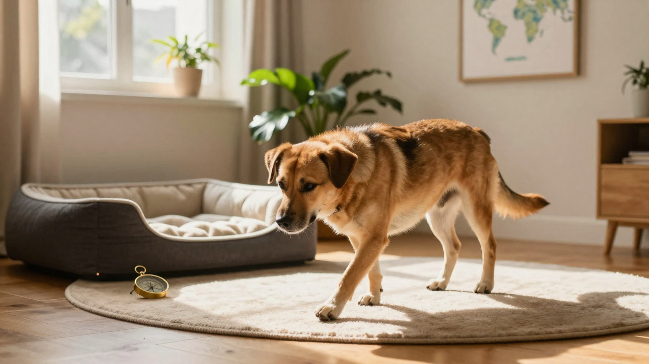 Cão castanho a andar num tapete redondo numa sala iluminada com cama de cão e plantas ao fundo.