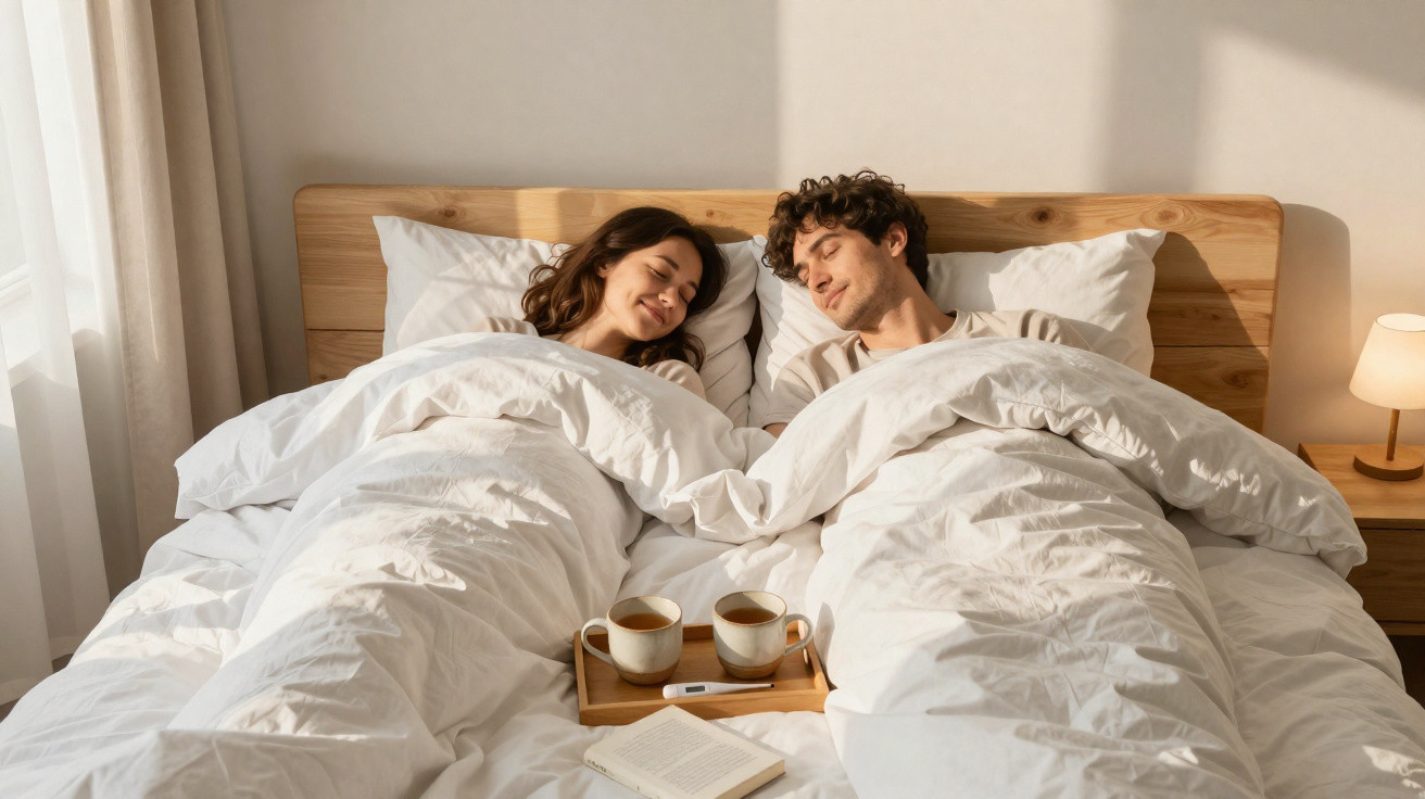 Casal deitado na cama sorrindo, coberto com edredons brancos, com bandeja com cafés e termómetro entre eles.