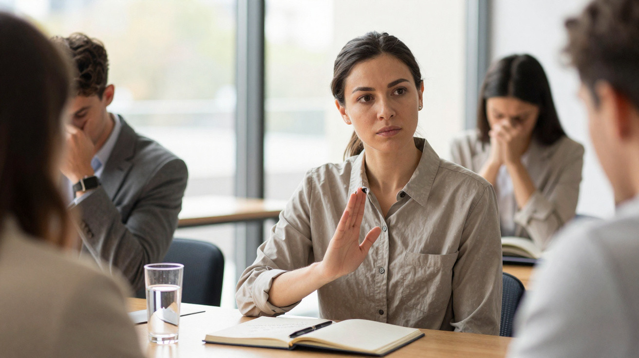 Mulher com expressão séria levanta a mão durante reunião de trabalho num escritório moderno.