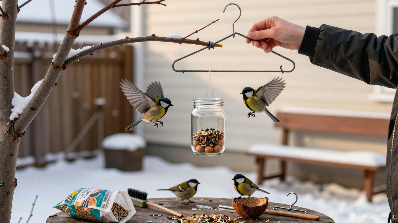 Pássaros alimentando-se de sementes de jarro pendurado em cabide numa área ao ar livre com neve.