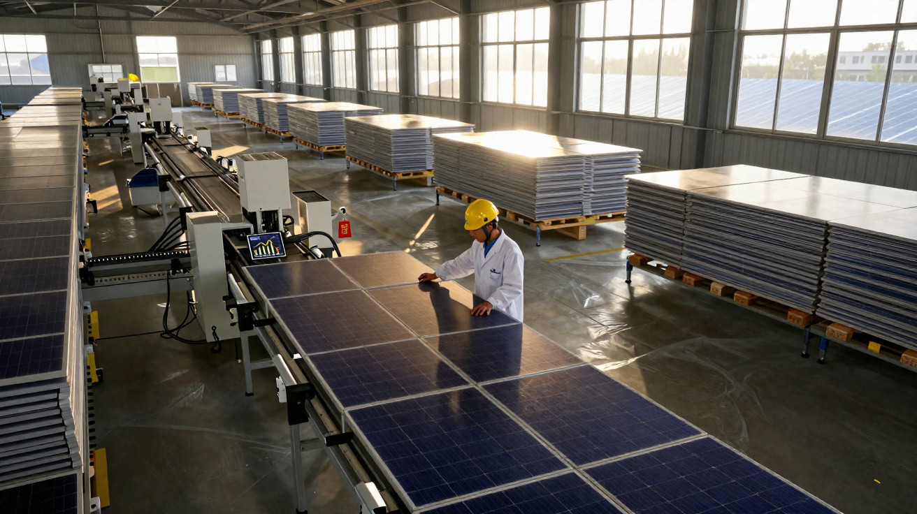 Trabalhador com capacete amarelo inspeciona painéis solares numa fábrica ampla e bem iluminada.