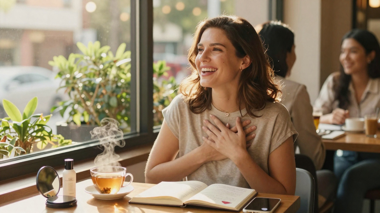 Mulher sorridente sentada junto a uma janela com chá quente, livro aberto e telemóvel numa mesa de café.