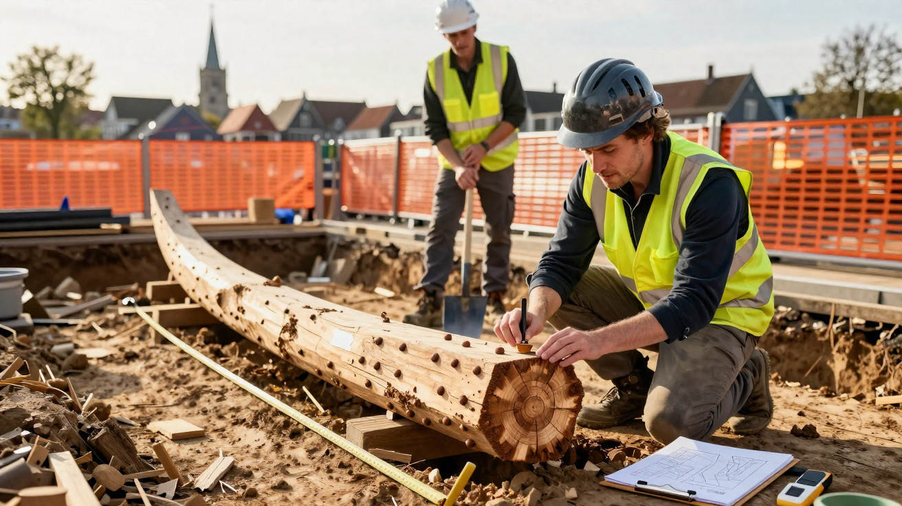 Dois trabalhadores de construção com coletes e capacetes a inspecionar uma grande peça de madeira numa obra.