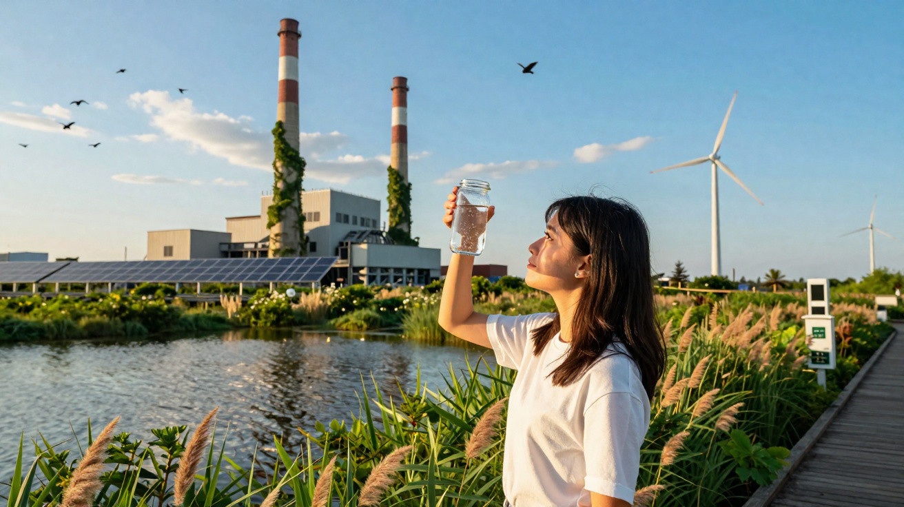 Mulher segura copo de água junto a lago com fábricas, painéis solares e turbinas eólicas ao fundo.