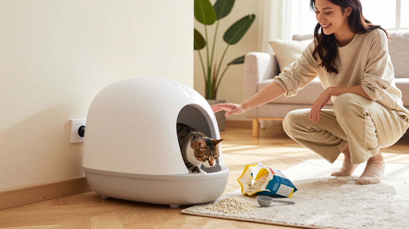 Mulher sorridente perto de gato a usar caixa de areia automática num ambiente luminoso e acolhedor.