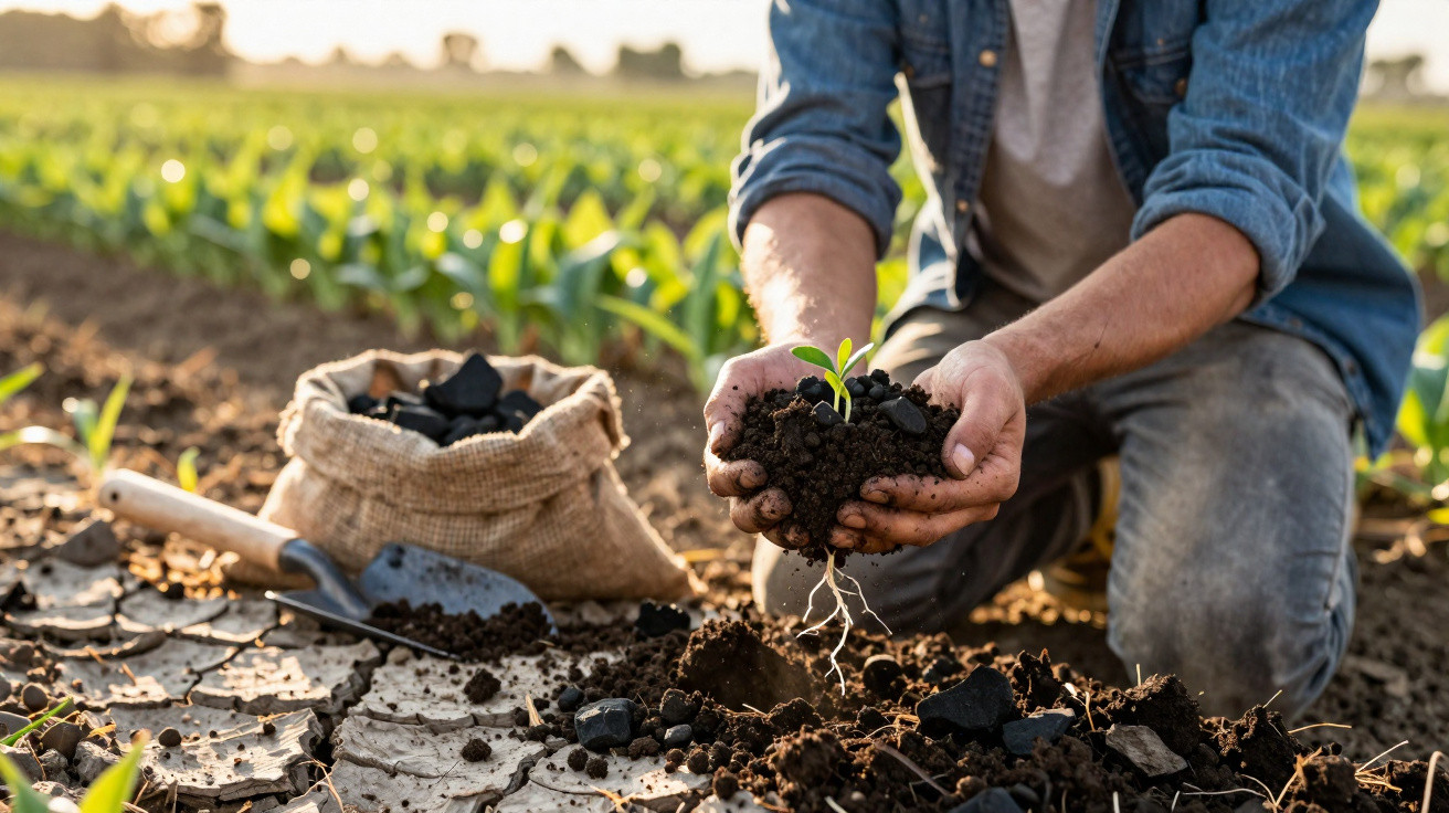 Pessoa a segurar um pequeno pé de planta com raízes na terra, num campo agrícola ao pôr do sol.